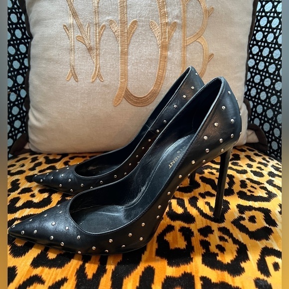 SAINT LAURENT YSL  Black Studded Leather Pointed Toe Pumps - Picture 5 of 15